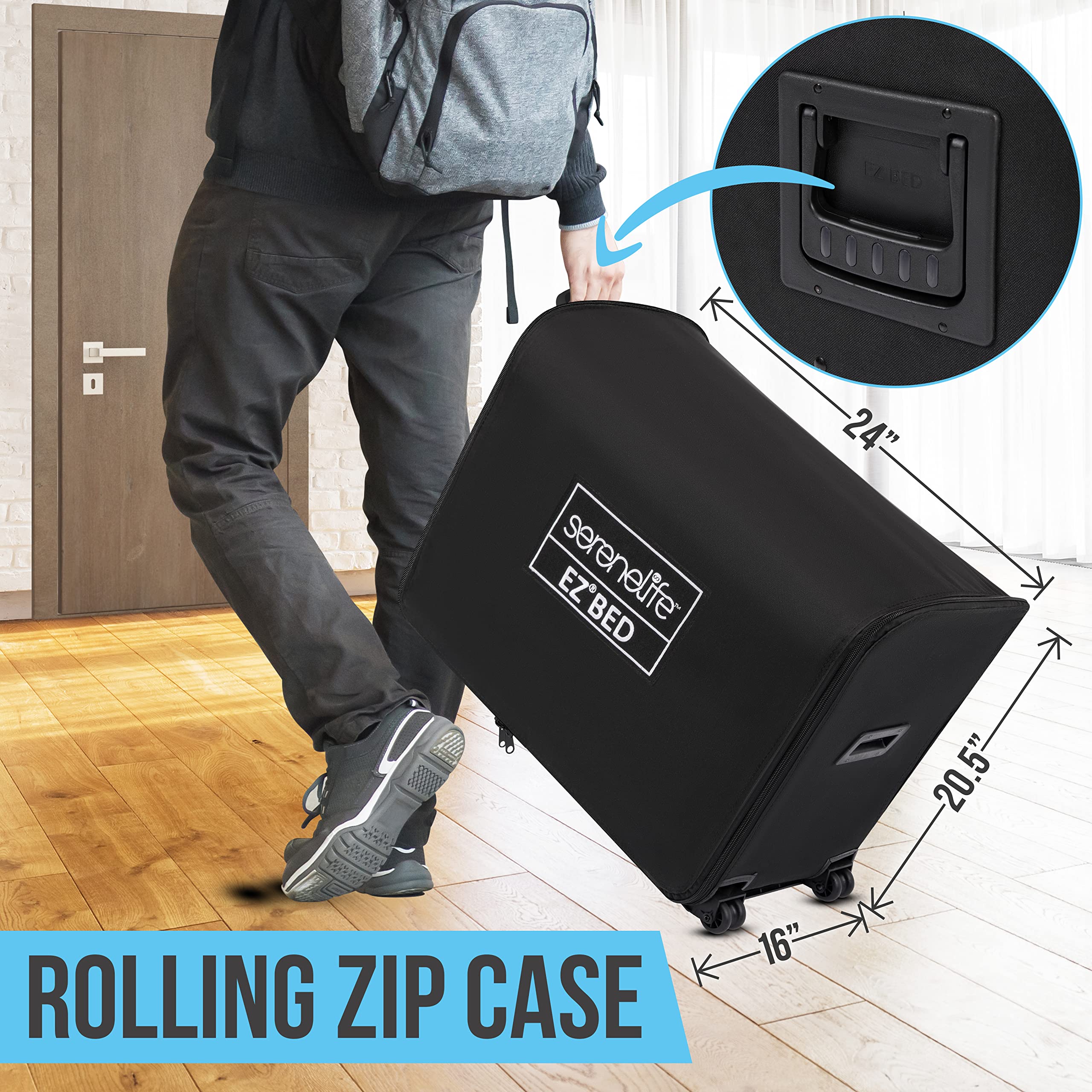 SereneLife EZ Bed Air Mattress with Frame & Rolling Case - Self-Inflating Twin Airbed with Built-in Pump - Perfect for Travel, Camping & Guest Hosting