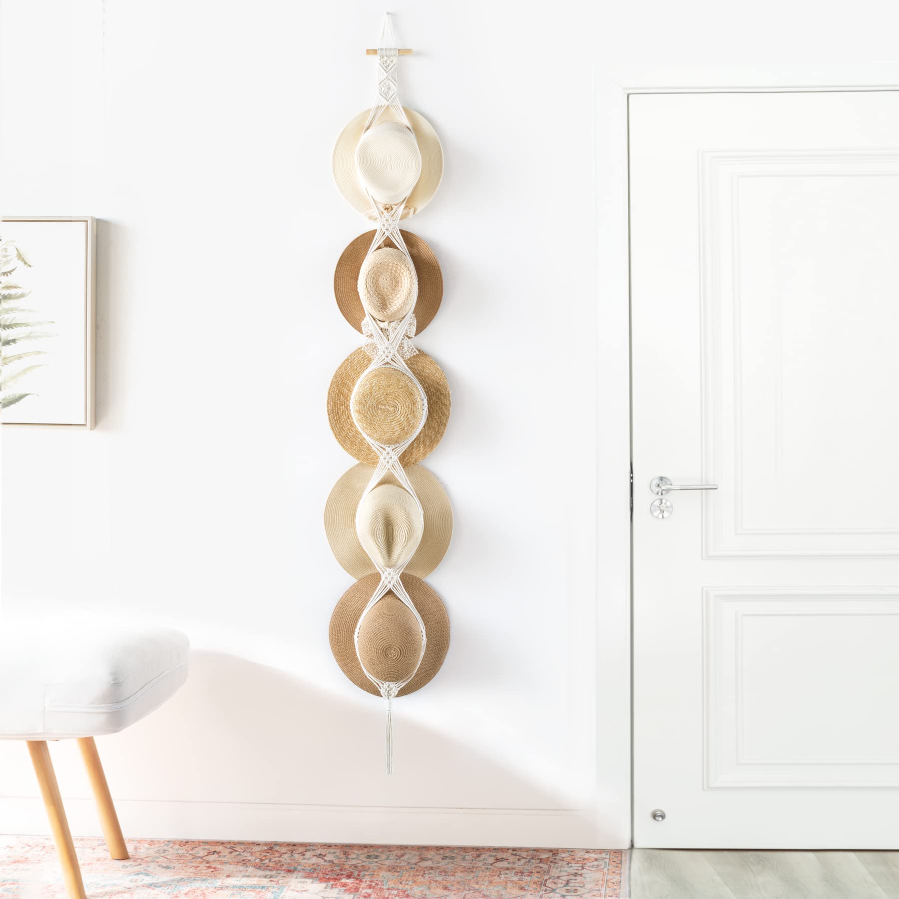 Dahey Macrame Wall Hat Hanger - Handwoven Cowboy Hat Organizer for Wide Brim, Fedora & Bowler Hats - Western Decor (5-Hook Style) - Perfect for Bedroom, Entryway & Western-Themed Home Decor