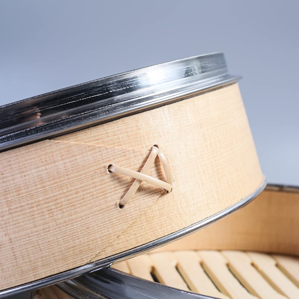 11.8 Inch Handmade Bamboo Steamer with Stainless Steel Rings - 3 Tier Stackable Dumpling Steamer Basket for Dim Sum, Buns & Rice | Includes Chopsticks & Cotton Liners | Perfect for Asian Cooking, Meal Prep & Party Serving