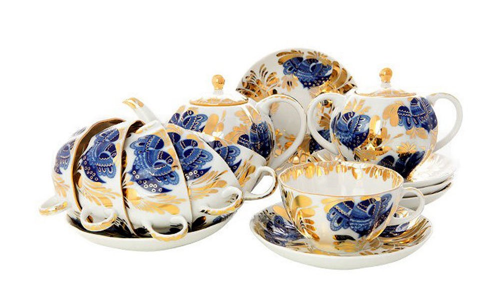 Lomonosov Imperial Porcelain Golden Garden Tea Set - 20 Piece Luxury Porcelain Cups & Drinkware Collection for Afternoon Tea, Bridal Shower, and Elegant Dining - Handcrafted in Russia