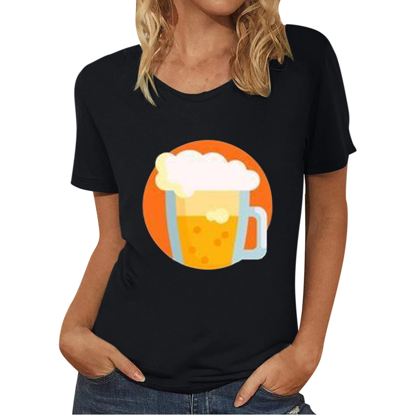 Oktoberfest Women's Summer Tops - Cute Beer Print Tunic Blouse Short Sleeve Crewneck T-Shirt | Perfect for Beer Festivals, Casual Outings & Themed Parties