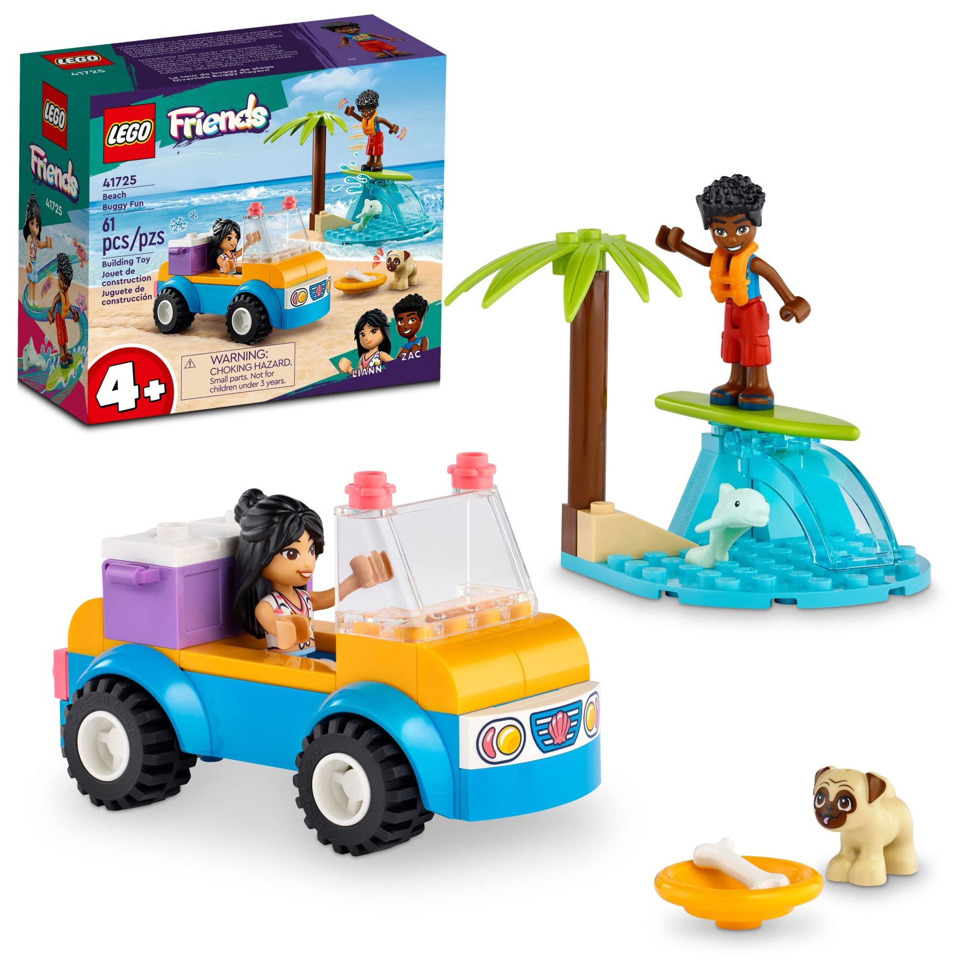 LEGO Friends Beach Buggy Fun 41725 Building Toy Set for Kids Ages 4+ | 2 Mini-Dolls, Pet Dog & Dolphin Figures, Beach Buggy Car & Accessories | Creative STEM Learning Toy for Toddlers | Perfect for Imaginative Play, Birthday Gifts & Beach-Themed Adventures