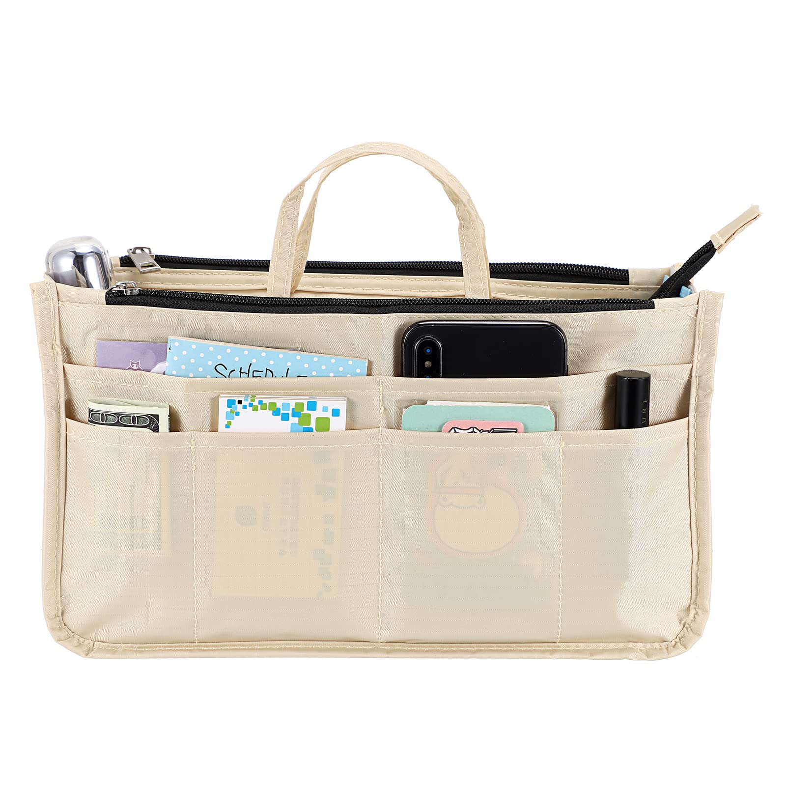 BTSKY Handbag Organizer Insert - 13 Pocket High Capacity Purse Organizer with Handle for Tote Bags, Beige | Perfect for Travel, Work & Daily Organization