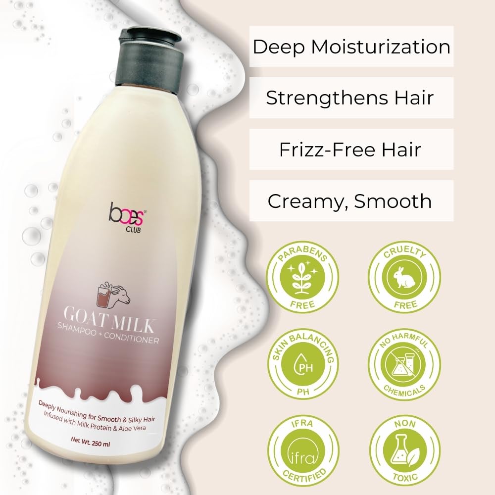Baes Club Goat Milk 2-in-1 Shampoo & Conditioner with Hydrolyzed Milk Protein & Aloe Vera - Moisturizing Treatment for Dry, Damaged Hair (250ml) | Perfect for Daily Hair Care & Post-Color Treatment