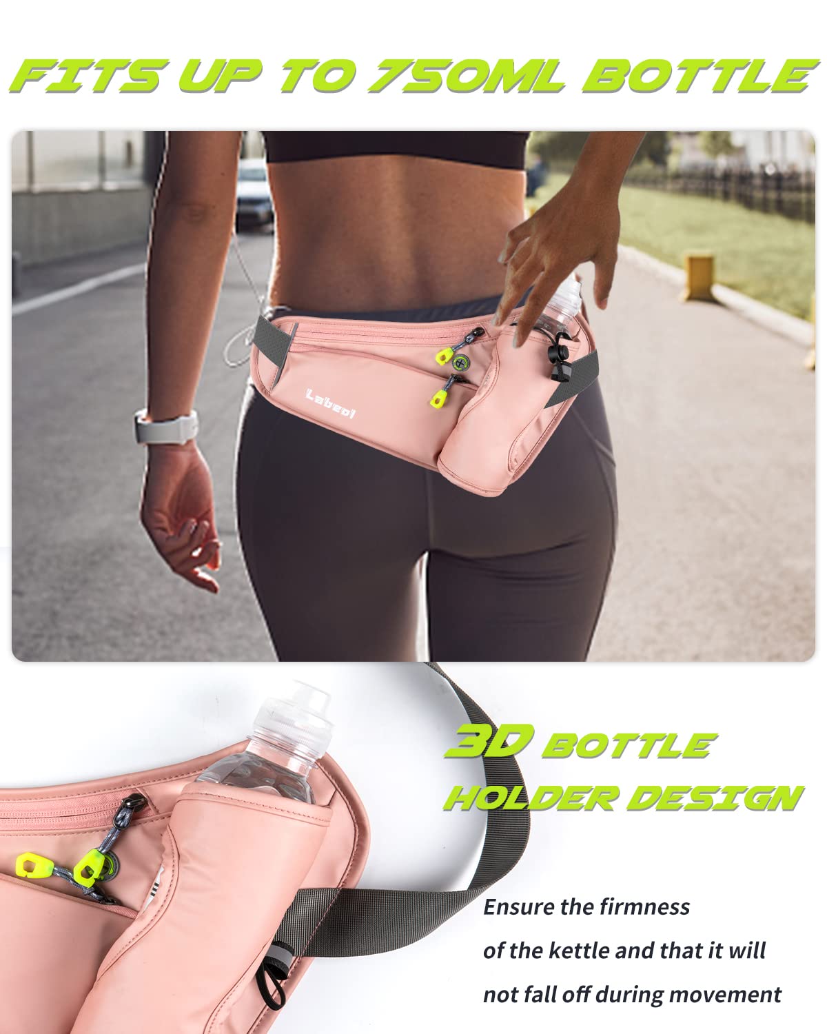 Labeol Adjustable Running Belt with Water Bottles - 2 Zipper Pockets Hydration Waist Pack for Men & Women - Lightweight Fanny Pack for Hiking, Jogging, Gym & Outdoor Activities (Pink)