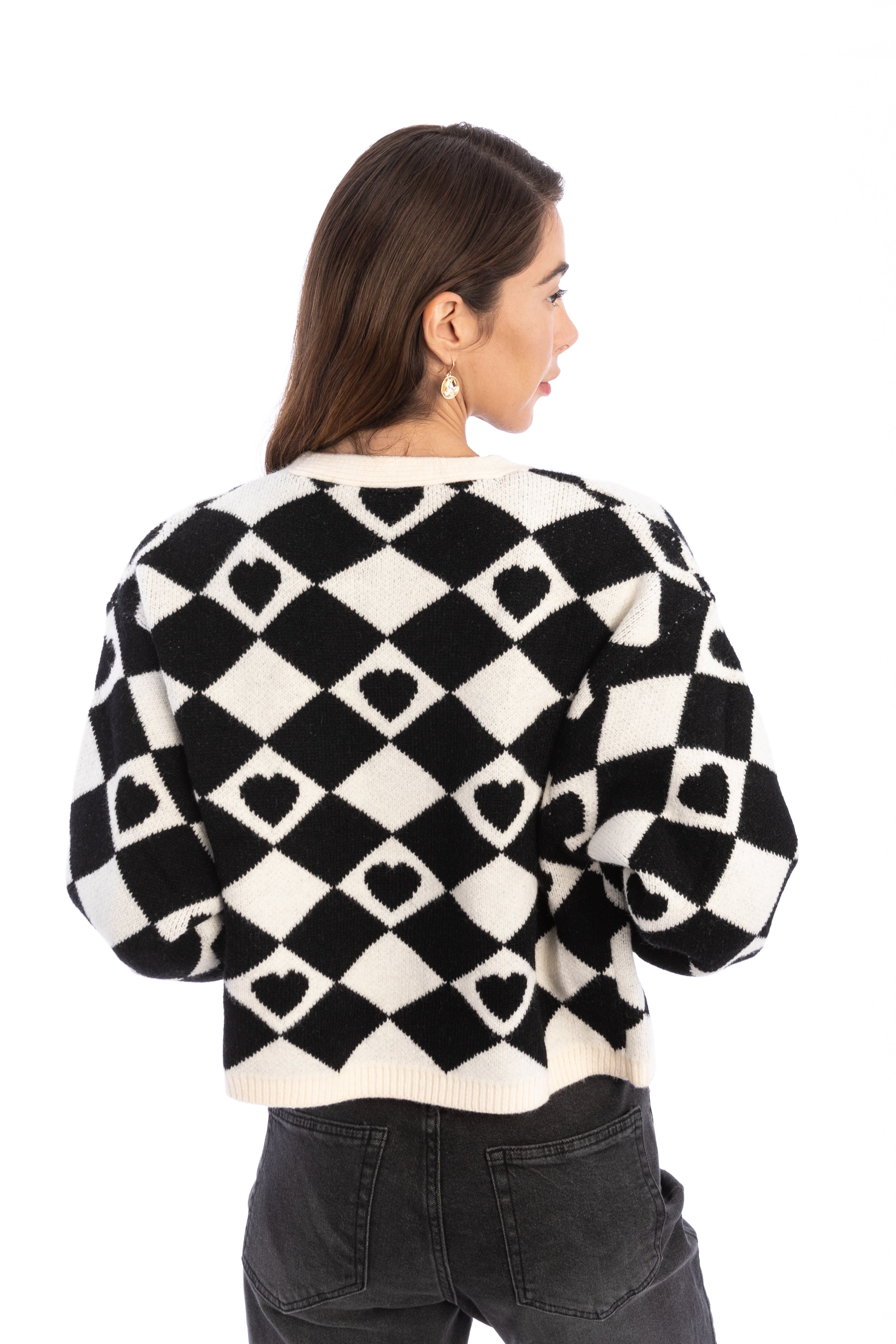 Checkered Hearts Cropped Cardigan for Women - Stylish Knit Sweater for Casual Outfits & Date Nights