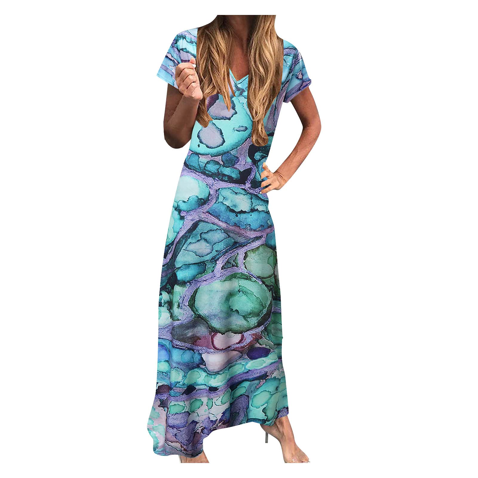 ETHKIA Women's Printed V-Neck Short Sleeve Party Dress with Side Slit - Elegant Summer Cocktail Dress for Wedding, Date Night & Special Occasions