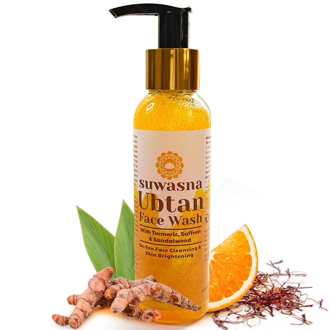 Suwasna Ubtan Face Wash with Orange Peel & Turmeric for All Skin Types - Sandalwood & Saffron Infused De-Tan Cleanser for Skin Brightening (120ml, SLS & Paraben Free) - Perfect for Daily Glow & Post-Sun Care