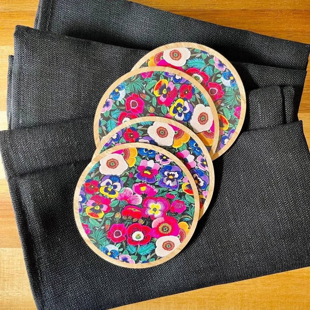 Pansies & Poppies Wooden Coasters Set with Napkins - 4-Piece Floral Coaster and Napkin Holder Set for Dining Table, Kitchen, Party Decor - Perfect for Home, Office, and Gift Giving