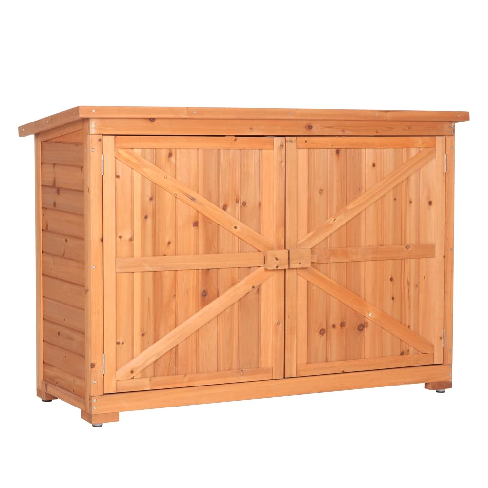 Outdoor Storage Cabinet with Double Lockable Doors - Fir Wood Garden Shed & Tool Organizer for Yard, Patio, and Backyard | Weatherproof Vertical Storage Solution for Gardening Tools, Pool Supplies & Outdoor Equipment