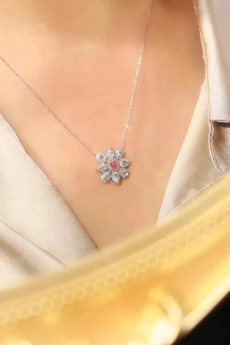 18K White Gold Floral Necklace with Real Pink Diamond & Aquamarine - Elegant Women's Jewelry for Parties, Weddings & Special Occasions