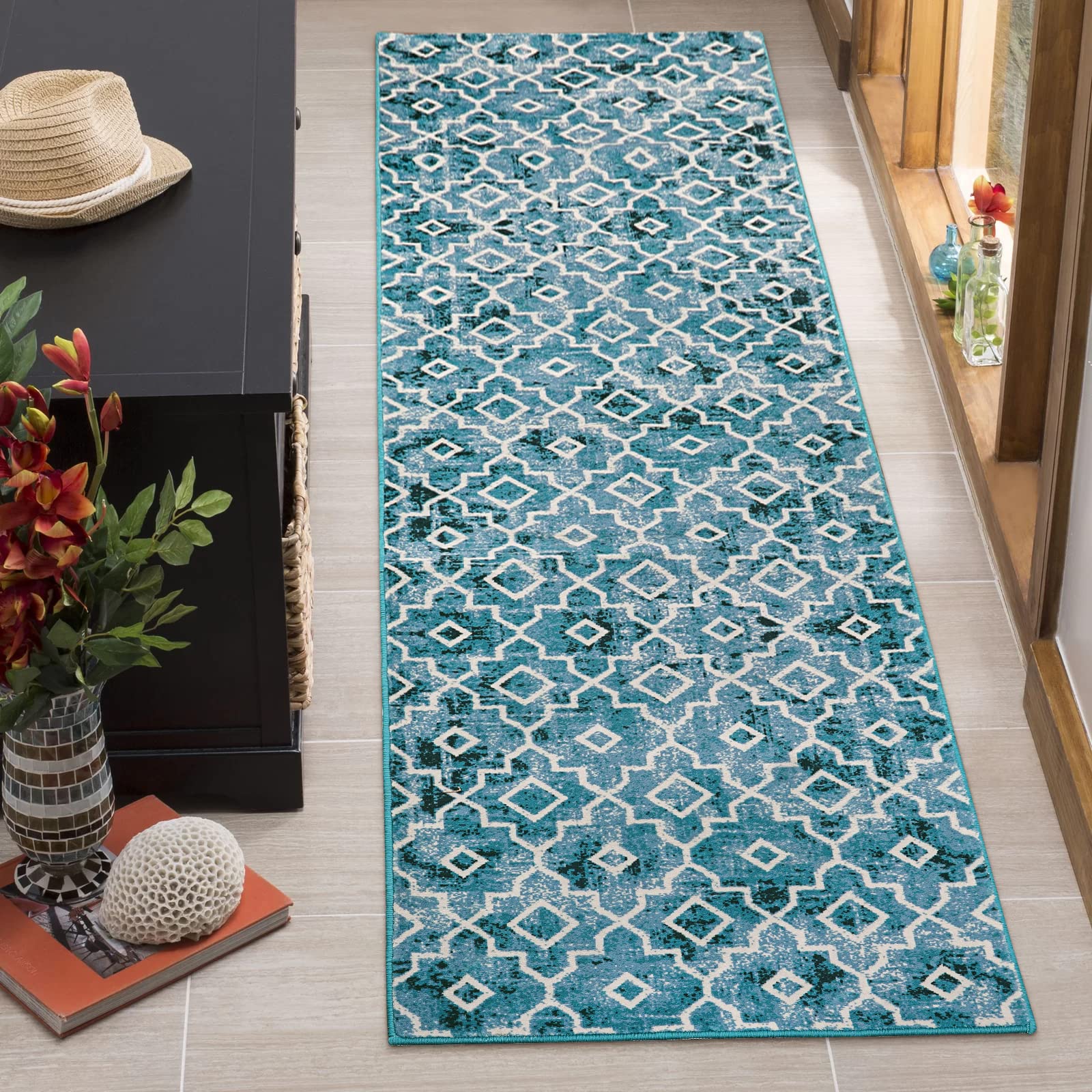 Wonnitar Moroccan Washable Runner Rug 2x7 Feet - Non-Slip Distressed Geometric Trellis Throw Rug for Hallway, Bathroom, Bedroom, Kitchen & Laundry - Teal Indoor Floor Carpet - Perfect for High Traffic Areas & Boho Home Decor