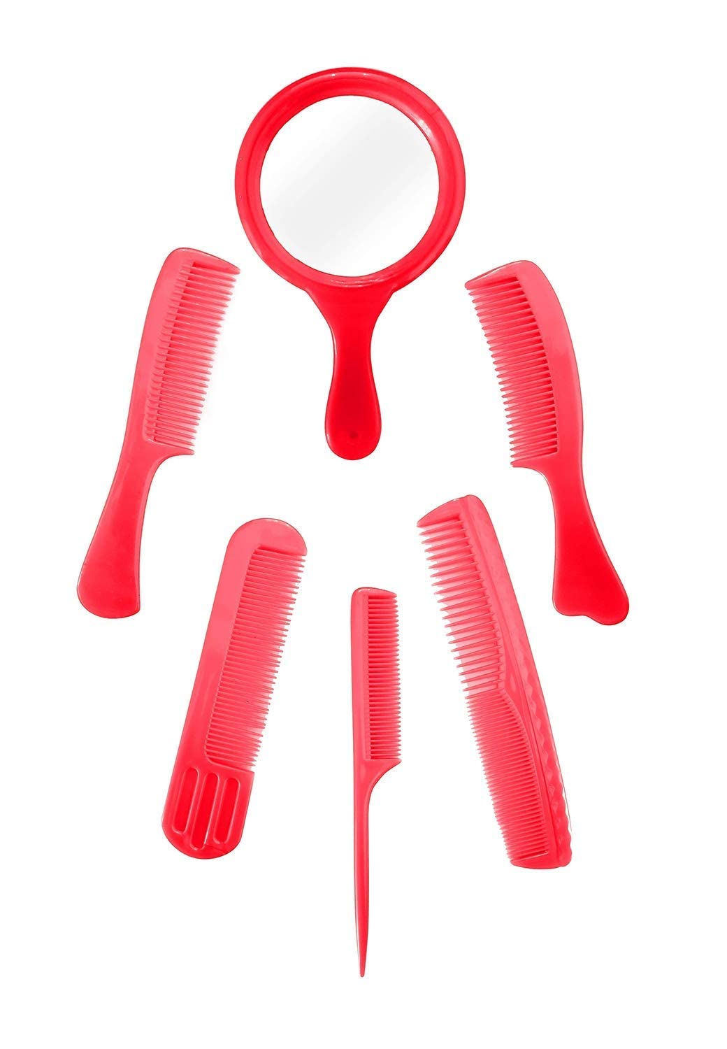 Stylish Hair Comb Set with Mirror for Women & Girls - 6 Pcs Compact Detangling Comb for Travel, Purse, and Everyday Hair Styling - Red Hair Accessories Kit