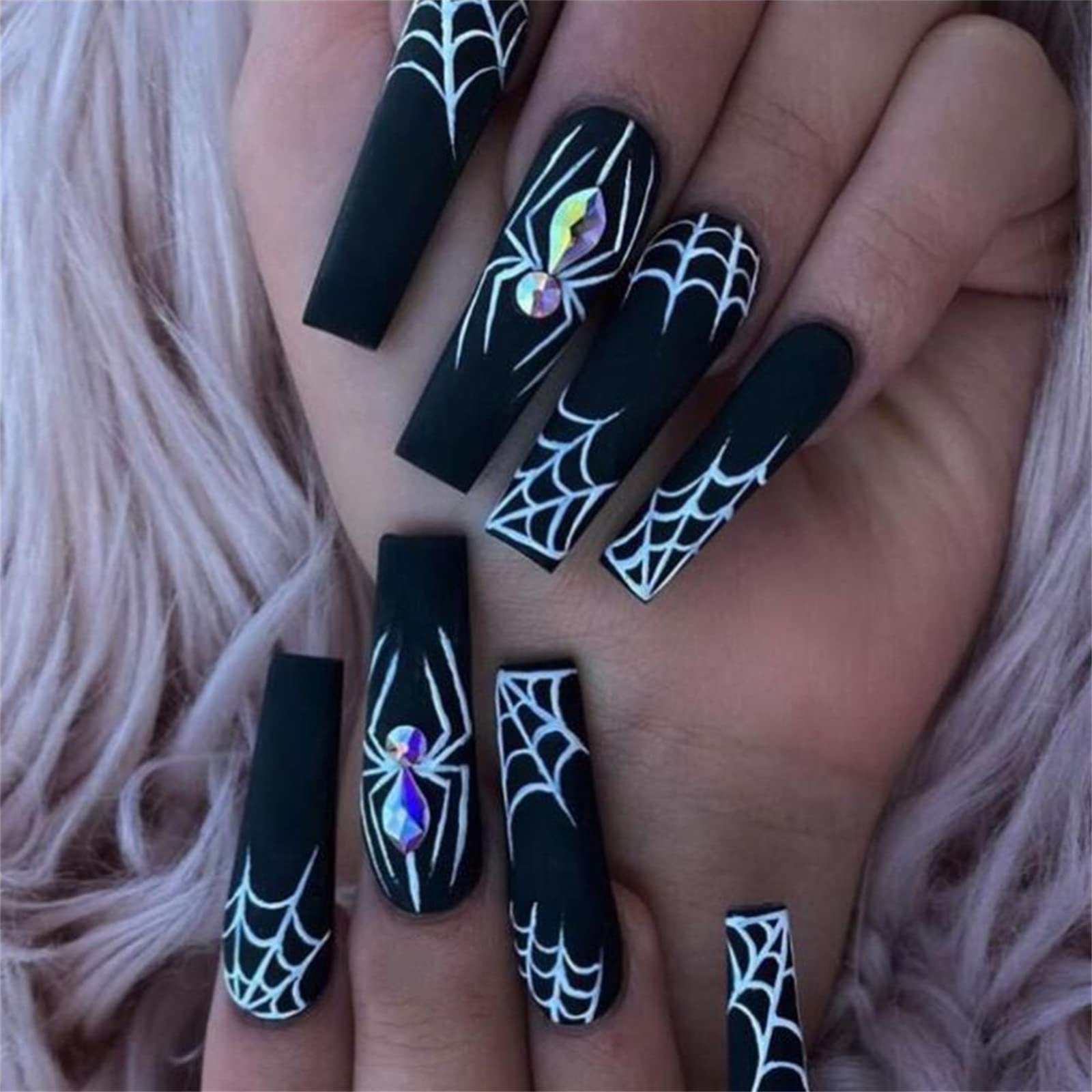 24PCS Halloween Press on Nails - Black Spider Coffin Long Fake Nails with Glue, Detachable Full Cover Nail Tips for Women DIY & Nail Salons | Perfect for Halloween Parties, Cosplay & Gothic Nail Art