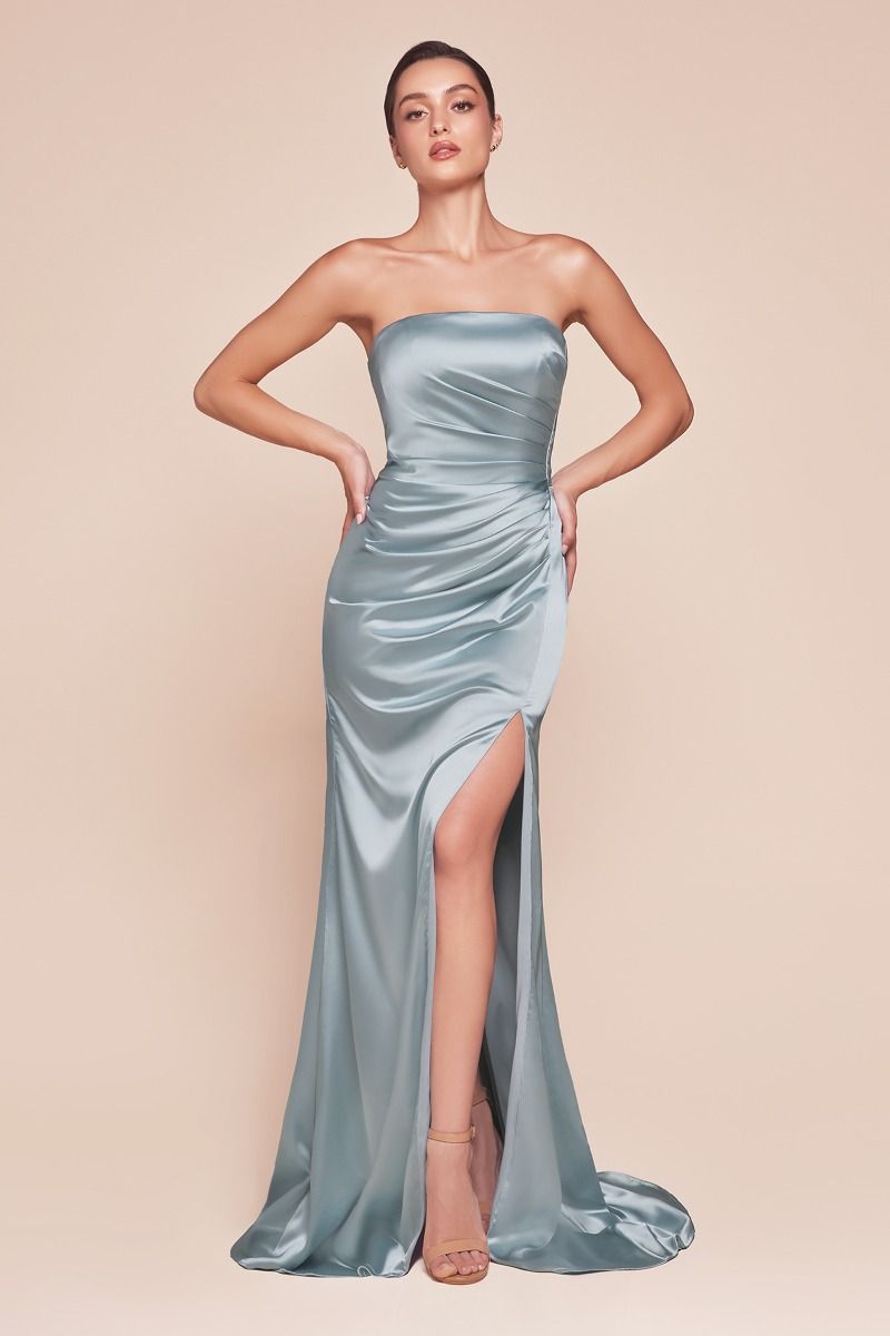 Nicolette Light Blue Strapless Luxe Satin Gown with Sash - Elegant Formal Dress for Prom, Wedding & Evening Events