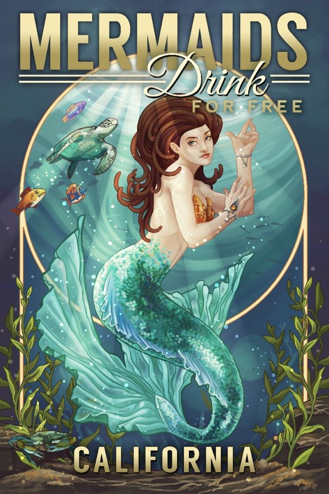 California Mermaids Drink for Free - 24x36 Gallery Quality Metal Wall Art, Aluminum Home Decor for Living Room, Bedroom & Office