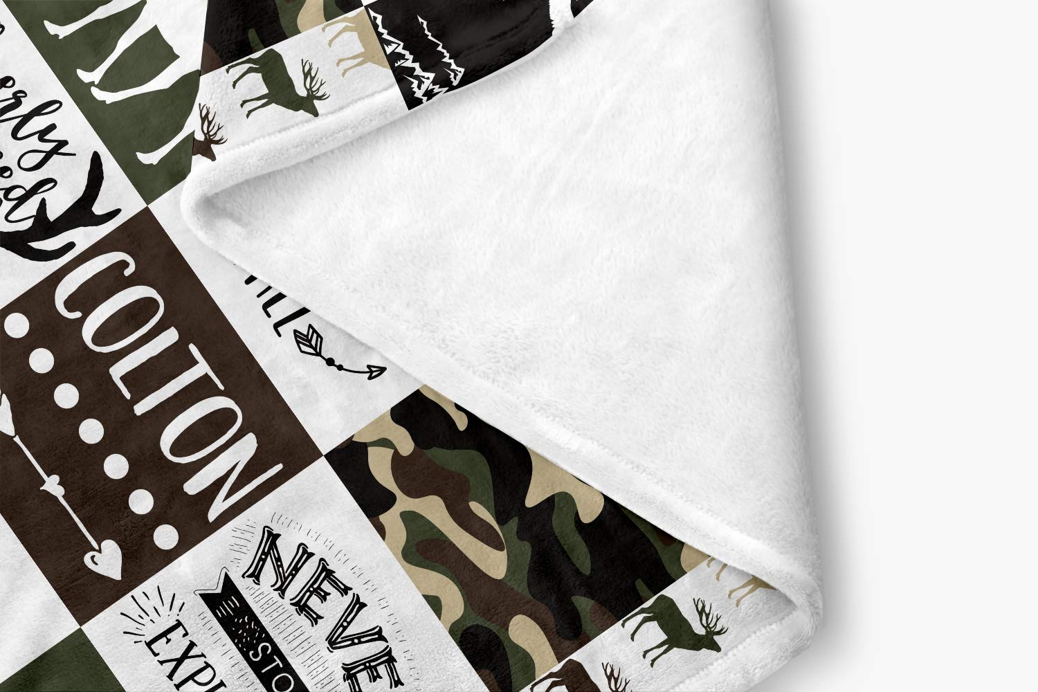 Personalized Camo Moose Deer Bear Woodland Minky Baby Blanket for Boys - Soft Lightweight Polyester Fleece Blanket with White Back - 50