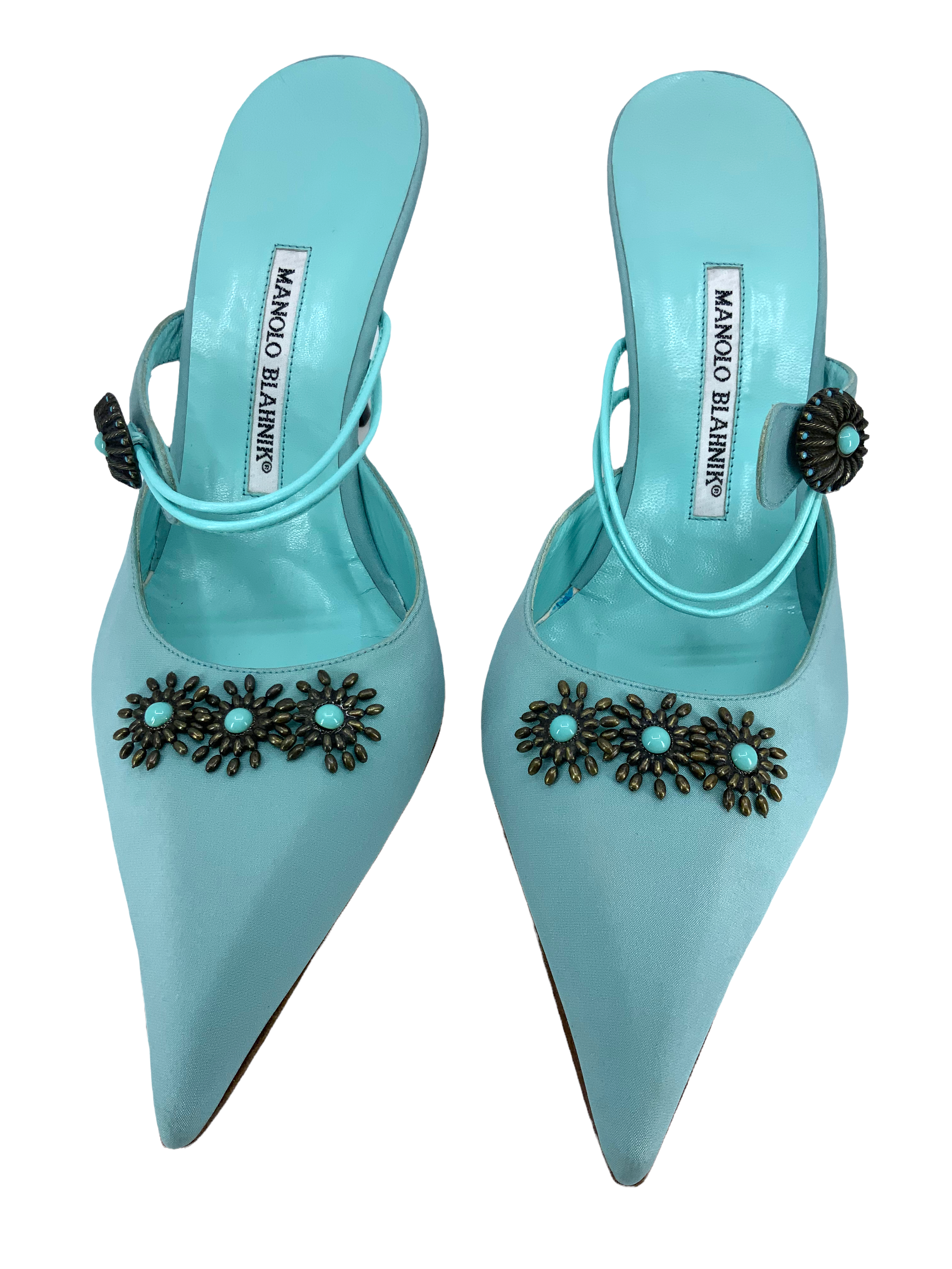 Manolo Blahnik Embellished Satin Mary Jane Mules Women's Size 11 - Elegant Party Shoes for Weddings, Evening Events & Special Occasions