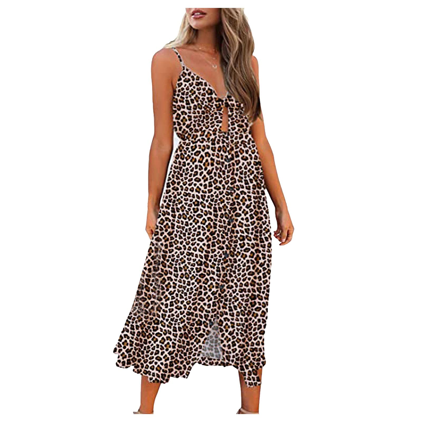 Smooto Women's Elegant Knitted Maxi Dress with Spaghetti Straps - Professional Button Up Shirt Dress for Office Work & Summer 2021 | Perfect for Business Casual, Date Night & Vacation (Khaki, XXL)