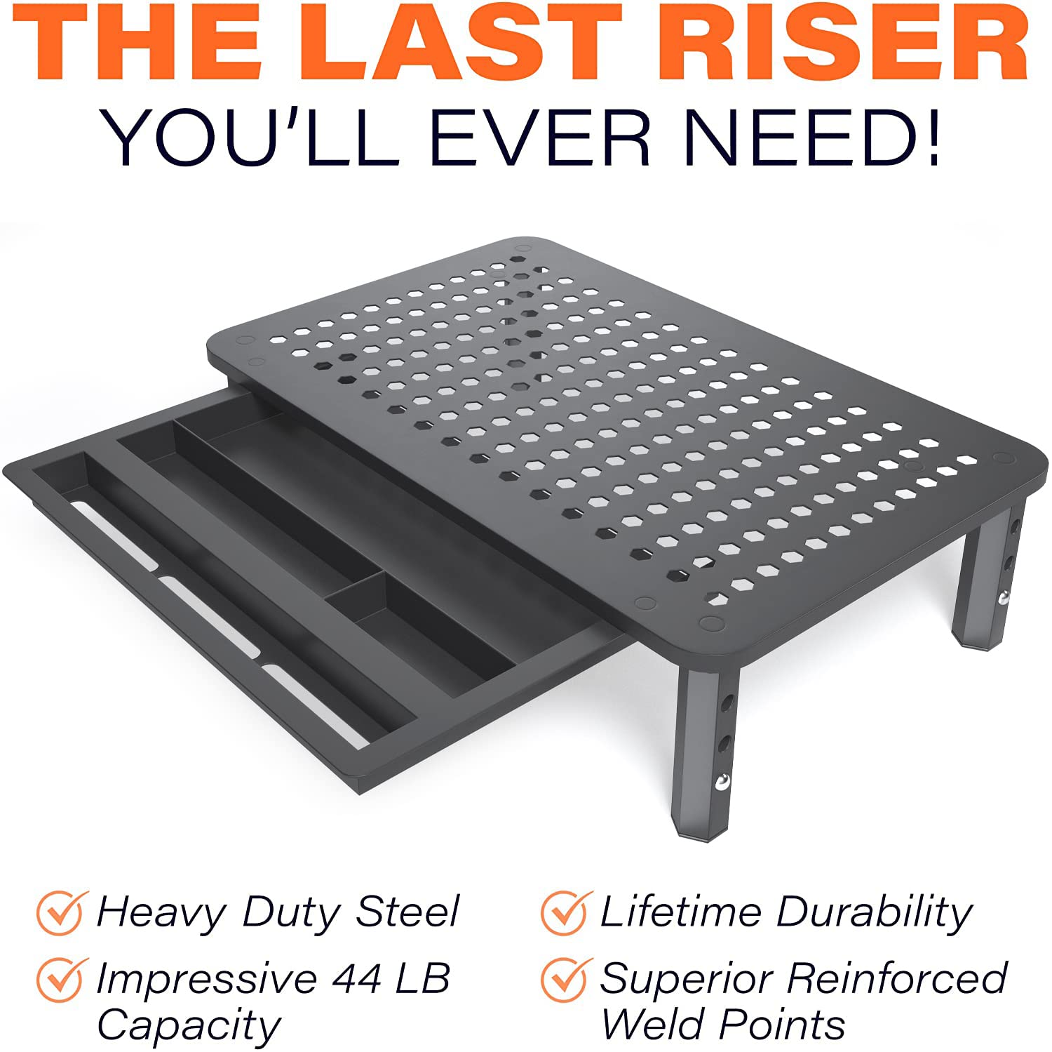 EVOOMI 2-Pack Monitor Stand with Drawer - Anti-Skid Mesh Metal Riser for Laptop, Printer & iMac - Boost Productivity & Reduce Back Pain for Office & Home Workspace