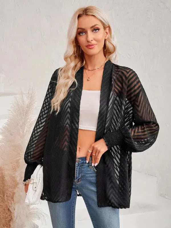 Elegant Loose Fit Jacquard Women's Cardigan Sweater - Soft Knit Open Front Long Sleeve Wrap for Fall & Winter Fashion, Office Wear and Casual Outfits