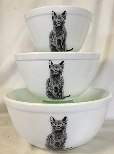 Premium 3-Piece Mixing Nesting Bowls Set - American Made - Mosser Glass (Milk White with Black Cat Design) - Perfect for Baking, Cooking & Food Prep