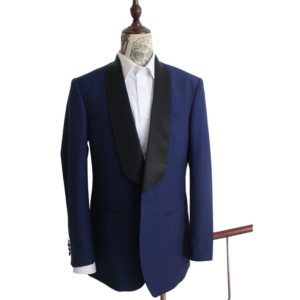 Navy Blue Wool Blend Black Shawl Lapel Tuxedo 2-Piece Suit Set for Men - Formal Evening Wear for Weddings, Prom & Black Tie Events