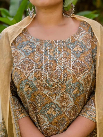 Plus Size Light Brown Cotton Printed Ready-Made Salwar Suit for Women | Comfortable Ethnic Wear for Festivals & Special Occasions