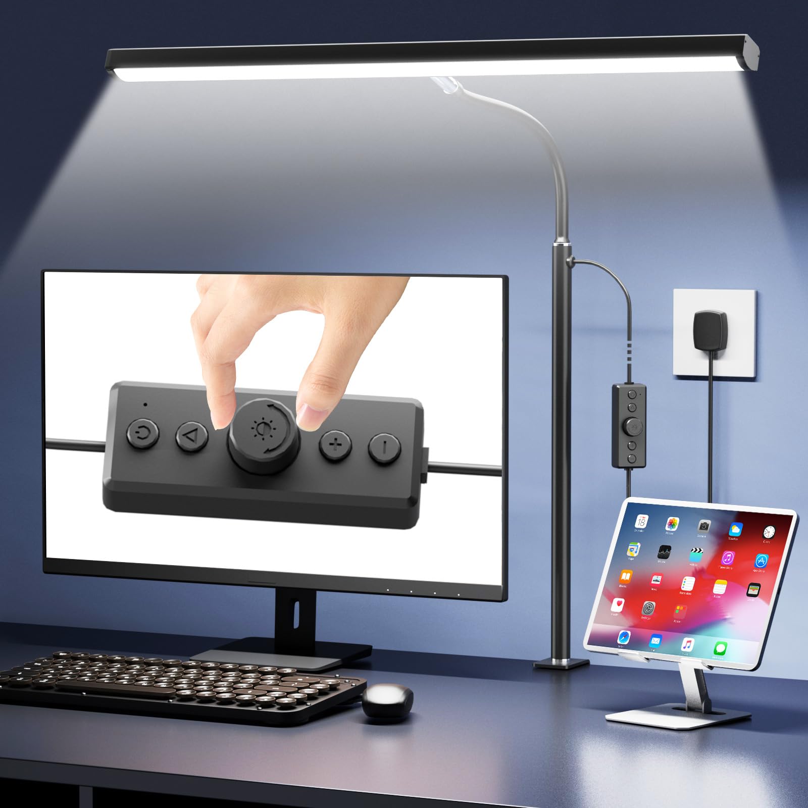 1500Lumen LED Desk Lamp with Stepless Dimming - Eye-Caring Adjustable Gooseneck Clamp Light for Home Office, Workbench, Reading & Study (12V Adapter Included, Timer & Memory Function) - Perfect for Night Work, Crafting, and Computer Tasks - Black