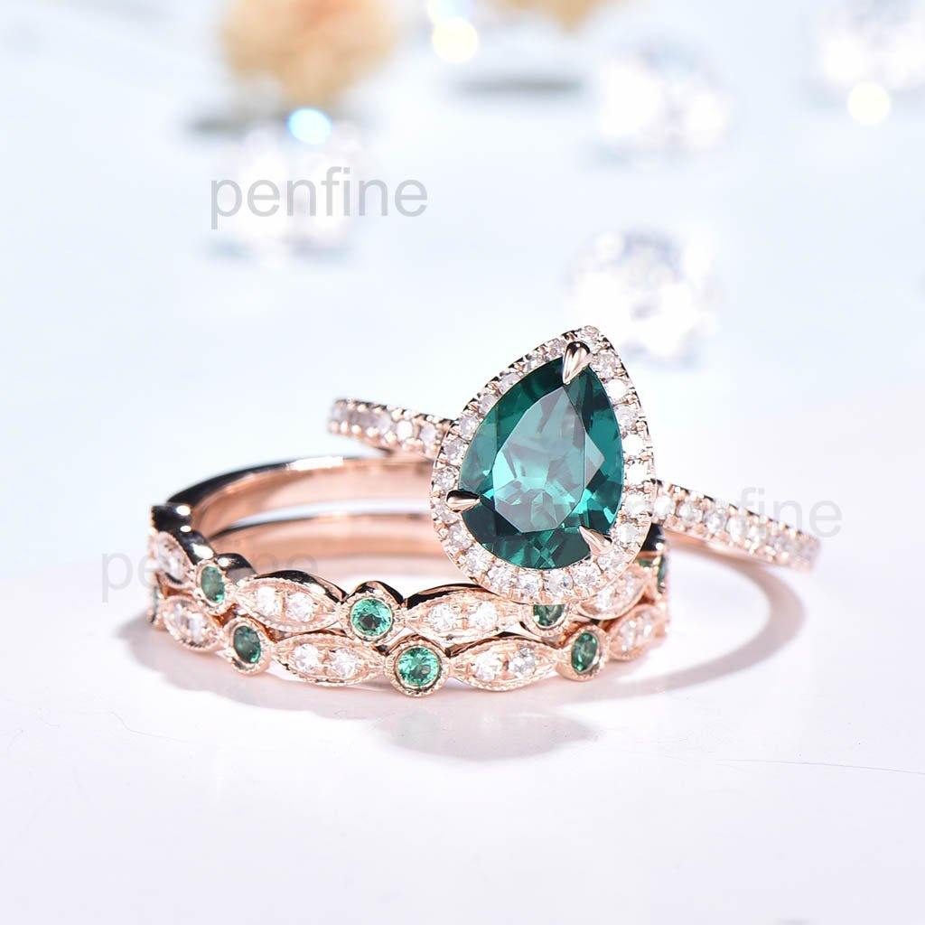 Classic Pear Emerald Diamond Engagement Ring Set with Matching Band - 3 Piece Bridal Jewelry Set for Proposals, Weddings & Anniversaries