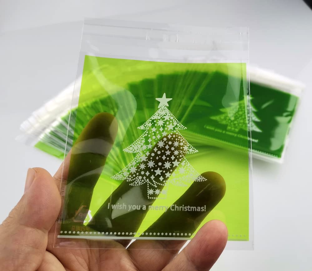 100 PCS Green Christmas Cellophane Bags - Self Sealing Holiday Treat Bags for Candy, Cookies & Gifts | Perfect for Christmas Tree Decorations, Party Favors & Holiday Gift Wrapping