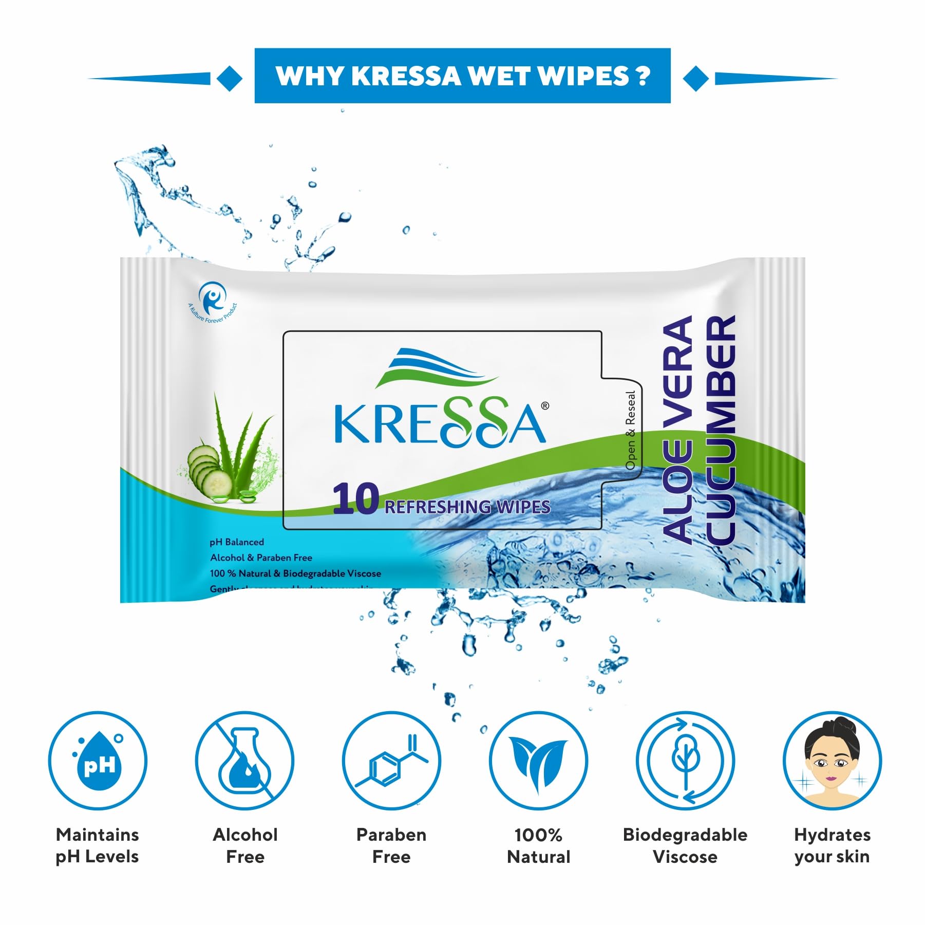 Kressa Aloe Vera & Cucumber Refreshing Facial Cleansing Wipes - Natural Viscose Fiber, Hydrating, Paraben & Alcohol Free (10 Pack) | Gentle Makeup Remover, Post-Workout Refresh, Travel Skincare Essential