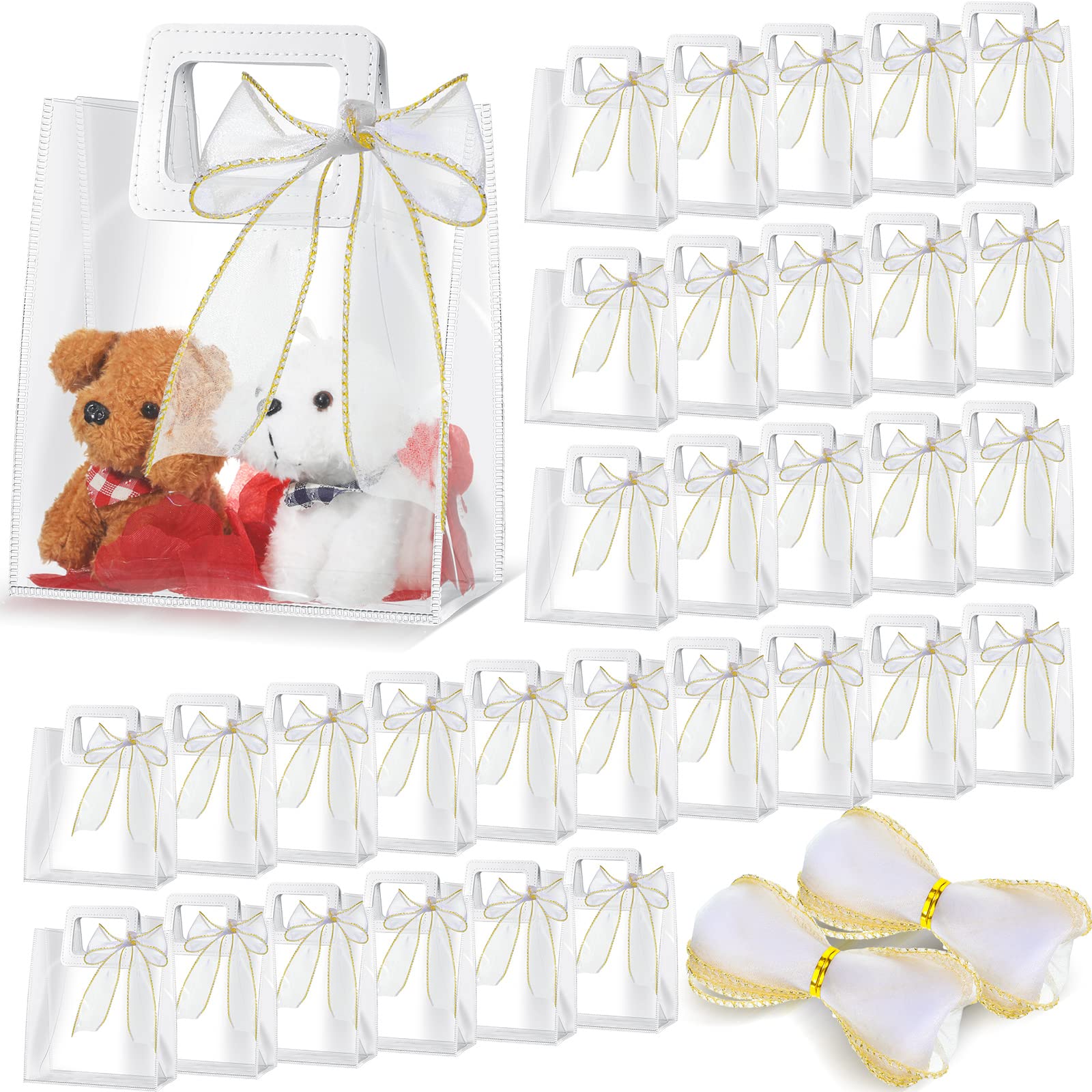 PerKoop 48 Pack Clear PVC Gift Bags with Handles - 7x4x8 Inch Heavy Duty Reusable Tote Bags for Baby Shower, Wedding & Birthday - Includes 10 Rolls Fishtail Ribbon - Perfect for Party Favors, Gift Wrapping & Special Occasions