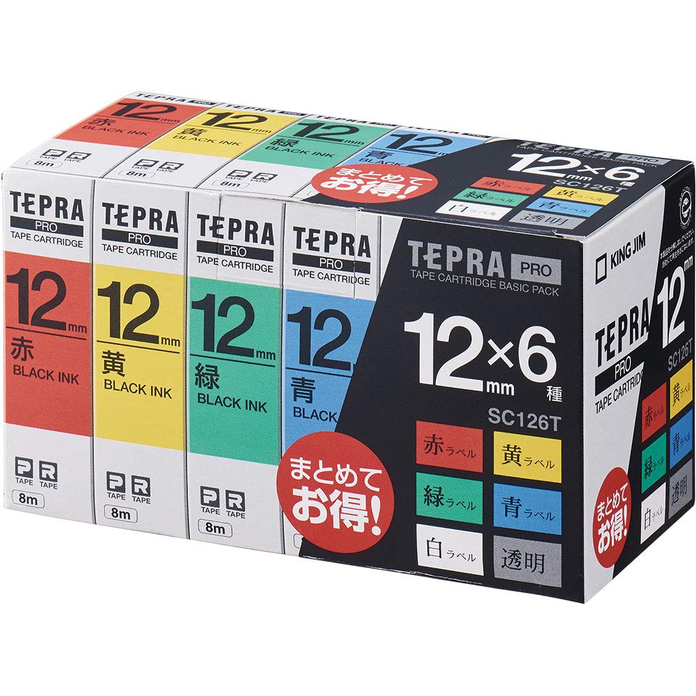 King Jim SC126T Tepra PRO Label Tape Cartridge - 0.5 inch (12mm) Width, 22.8 ft (8m) Length, 6-Pack Multi-Color Set (Red/Yellow/Green/Blue/White/Transparent with Black Text) - Perfect for Labeling, Organizing & Craft Projects
