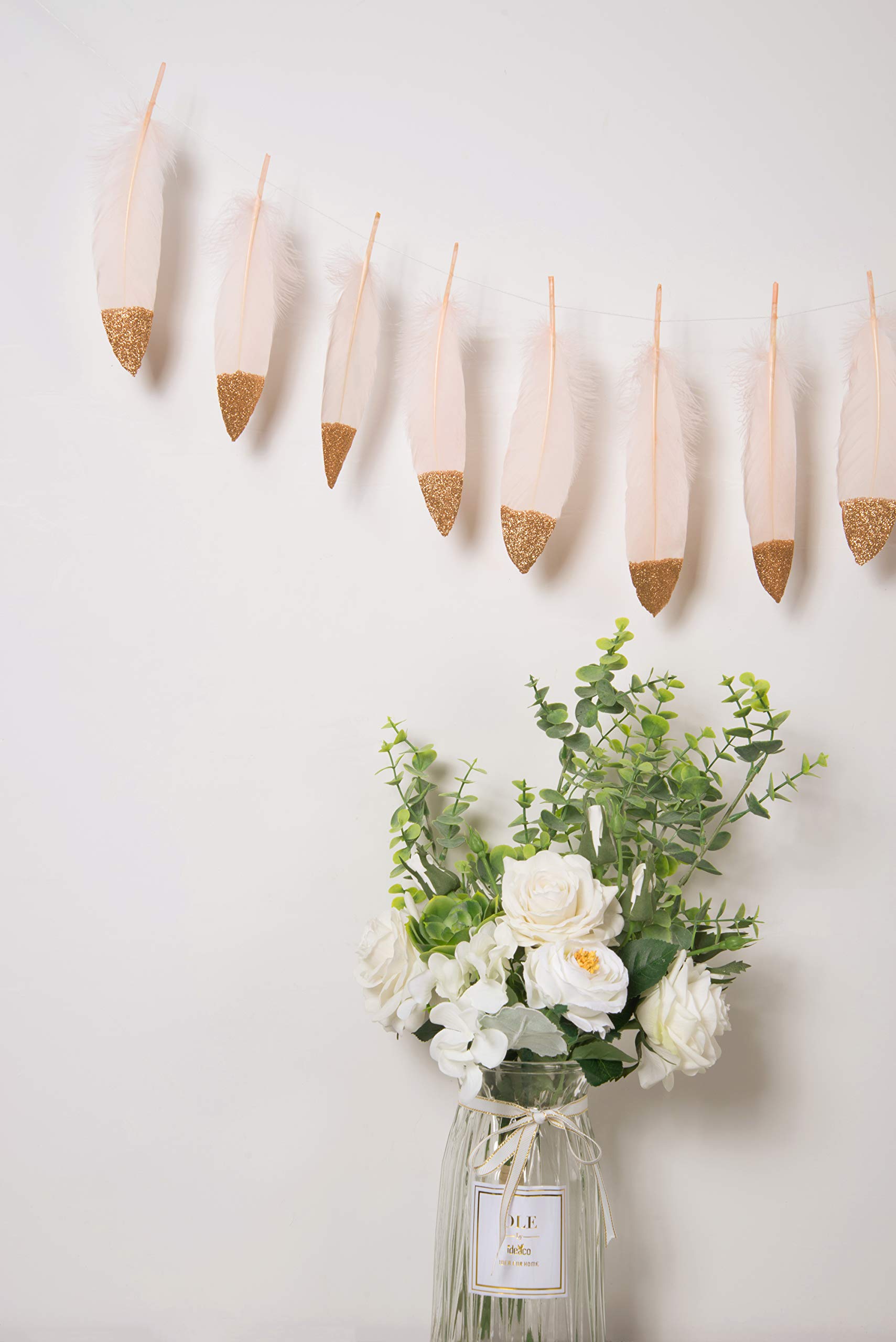 LOVENJOY 15pcs Gold Glitter Feather Garland Decor - DIY Room Teepee, Wedding, Nursery, Baby Shower Decoration | Perfect for Boho Home Decor, Birthday Parties & Photo Backdrops