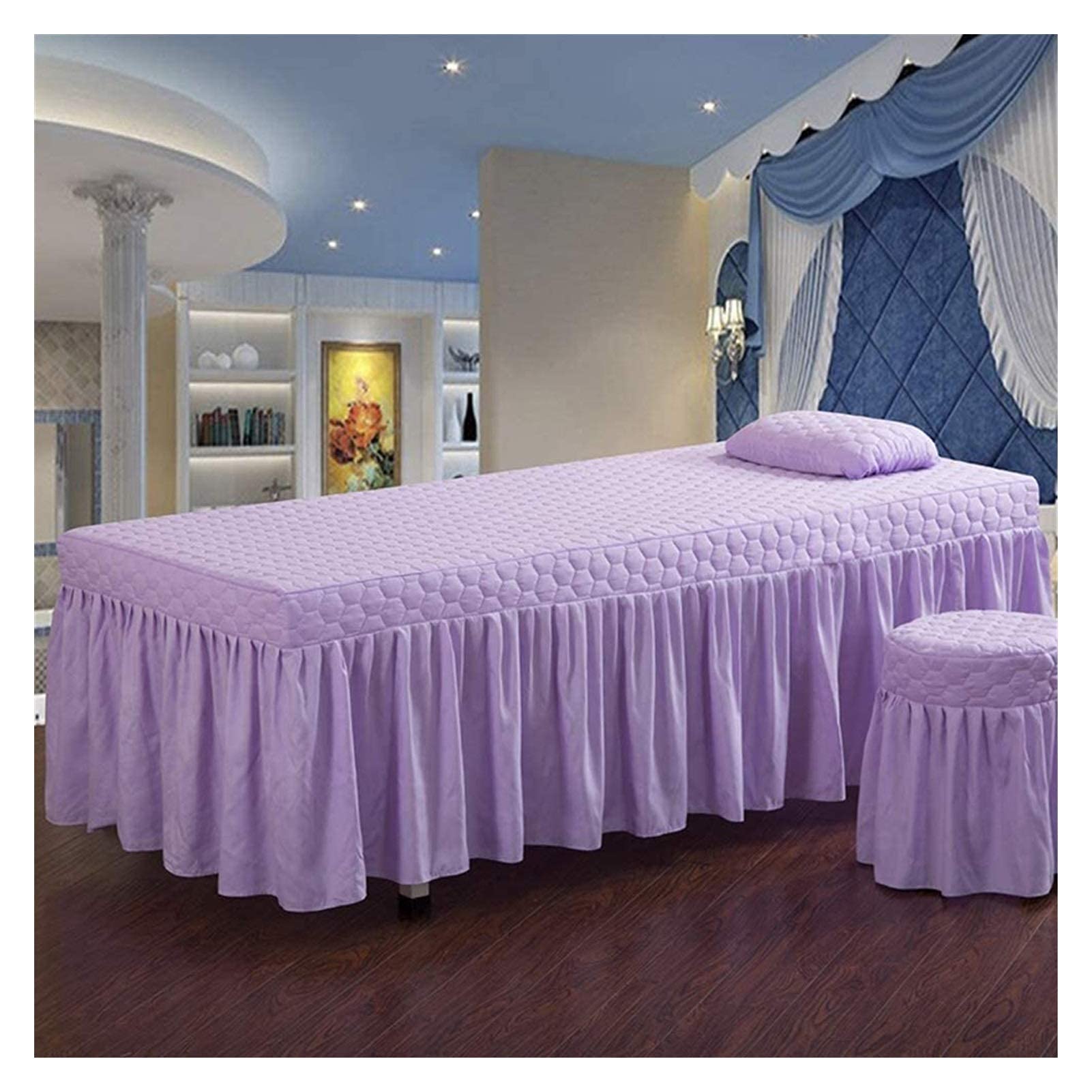 AWJ 4-Piece Microfiber Massage Table Sheet Set - Soft Quilted Beauty Bed Cover with Skirt & Stool Cover (70x185cm) for Spa, Salon & Home Massage Therapy