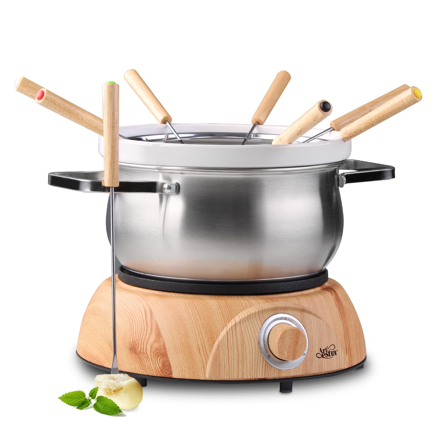 Artestia Swiss Design 1500W Electric Fondue Pot Set - Temperature Control for Melting Chocolate, Cheese & Oil Broth - Includes 8 Colorful Forks - Perfect for Fondue Parties, Family Gatherings & Romantic Dinners