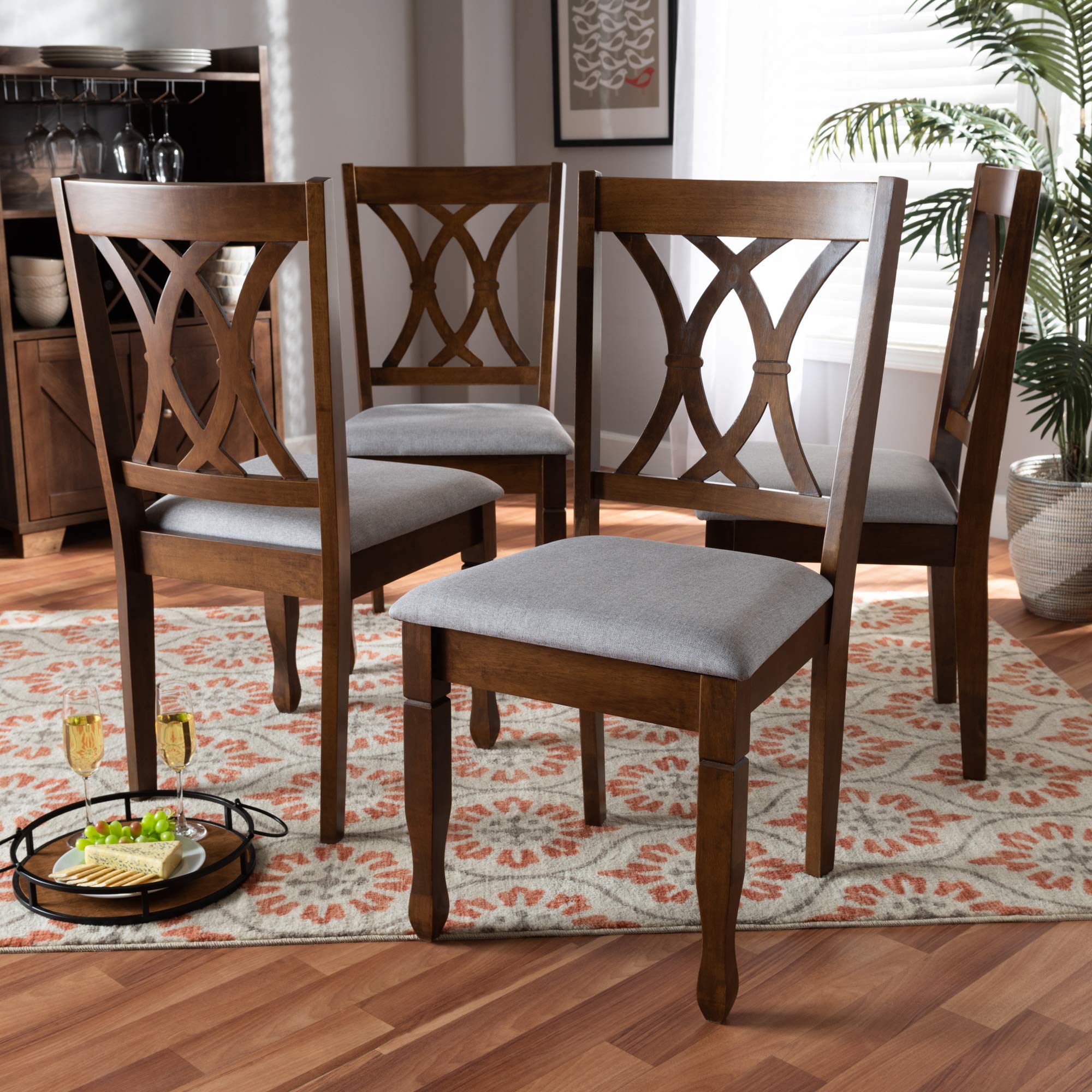 Baxton Studio Augustine 4-Piece Dining Chair Set - Grey Fabric Upholstered with Walnut Brown Wood Finish | Modern Kitchen & Dining Room Furniture for Home Decor