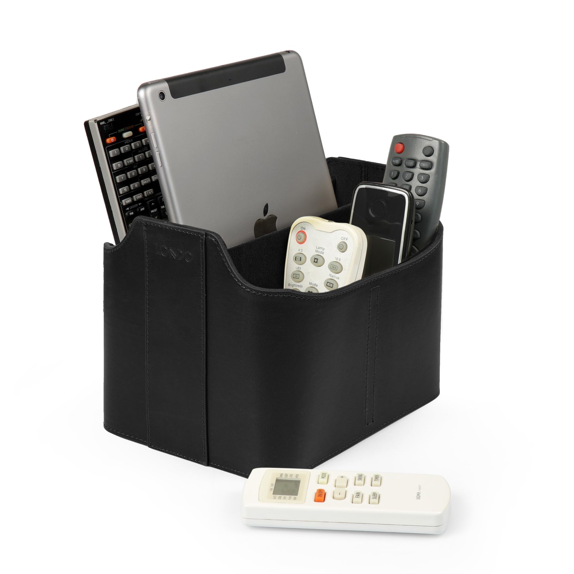 Premium PU Leather Remote Control Holder & Desk Organizer - 5 Compartment Office Supplies Caddy with Tablet Slot, Makeup Brush Storage & Utensils Cube | Large Capacity for Home, Office & Vanity Organization