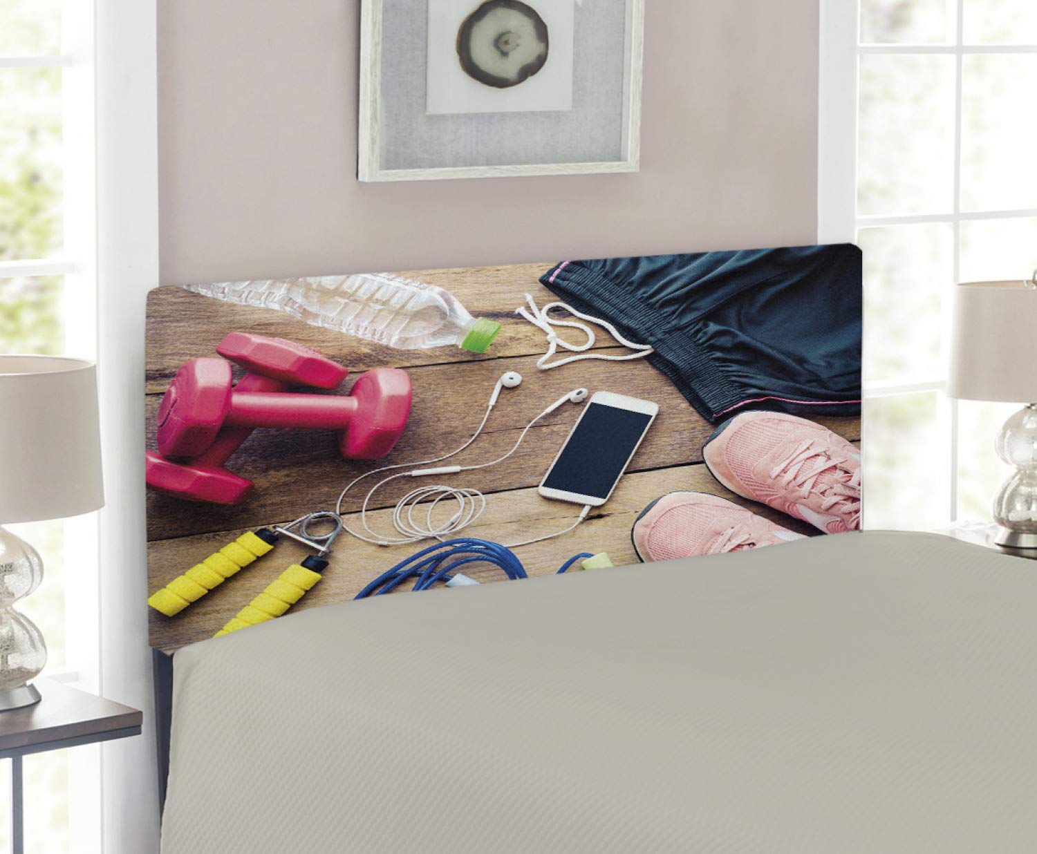 Ambesonne Fitness Headboard for Twin Bed - Upholstered Decorative Metal Frame with Memory Foam, Sportswear & Running Shoes Organizer - Perfect for Gym Enthusiasts & Home Workout Spaces, Multicolor