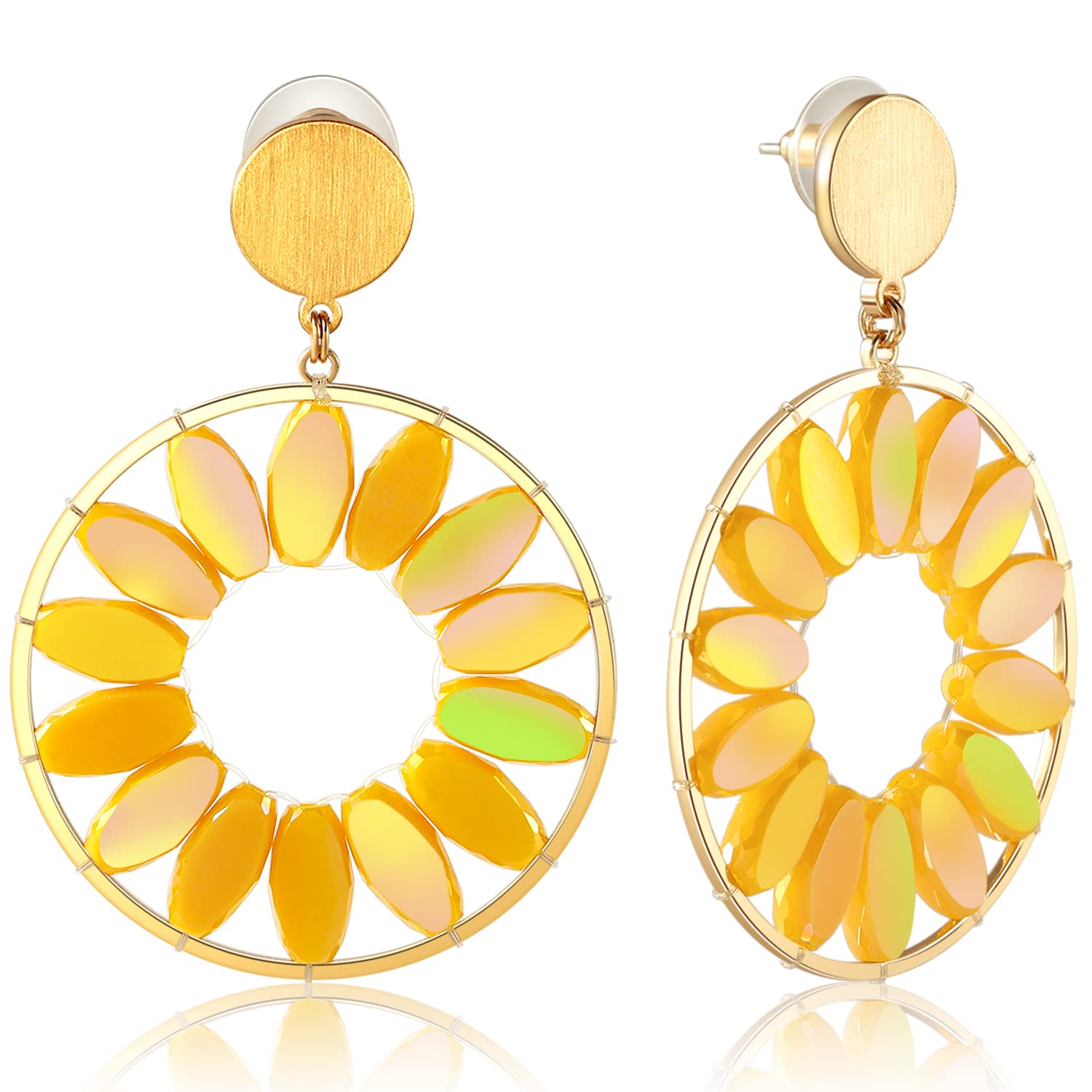 Gold-Tone Geometric Daisy Drop Earrings with Sparkling Crystals | Sunflower-Shaped Hollow Dangle Earrings for Women | Perfect for Boho Chic, Summer Outfits & Special Occasions