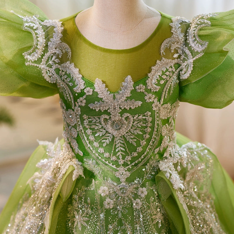 Elegant Green Sequins Fluffy Ball Gown for Baby Girl Toddler Pageant Dress - Perfect for Beauty Contests, Photoshoots & Special Occasions