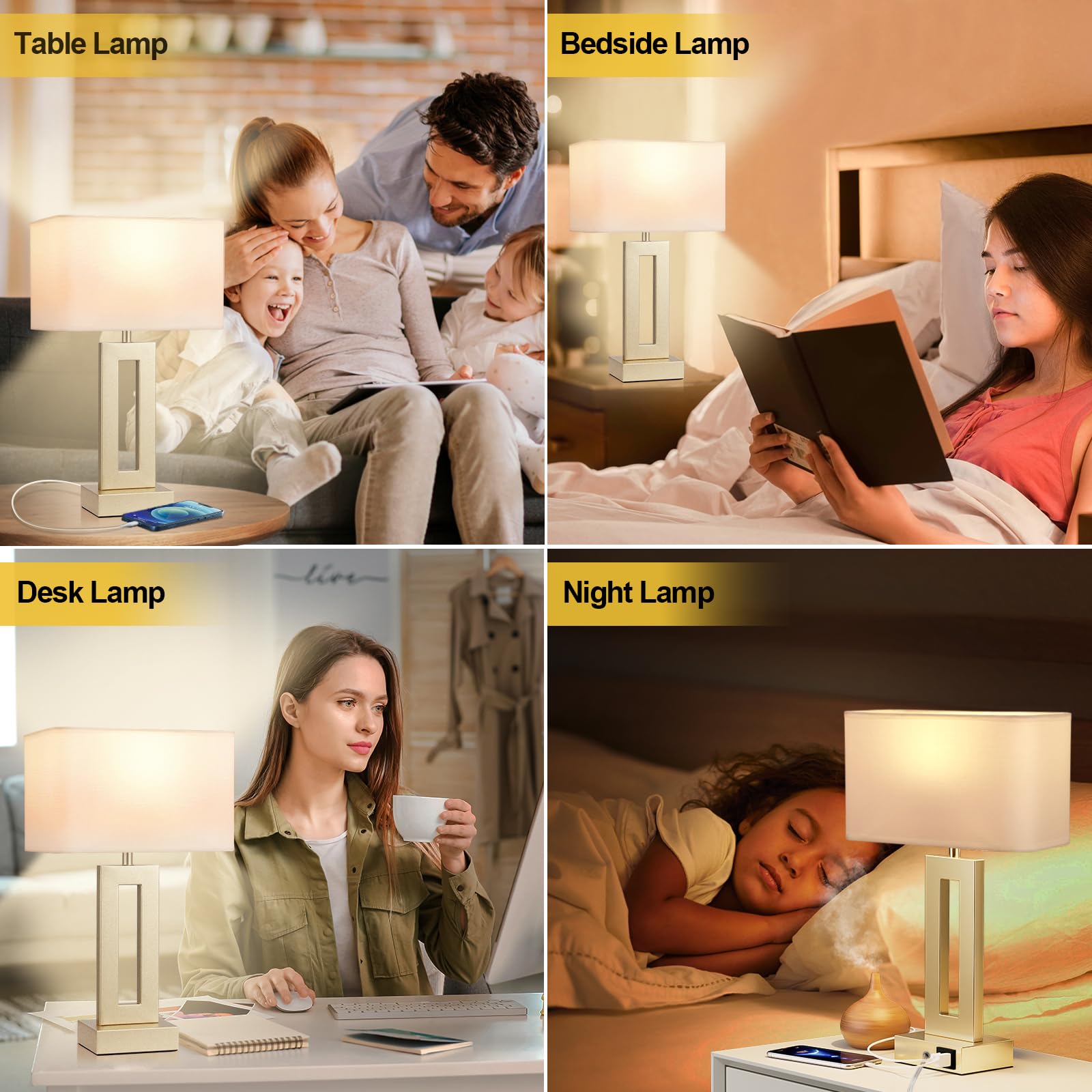 Modern Touch Control Table Lamps Set of 2 with USB C/A Charging - 3-Way Dimmable Gold Nightstand Lamps for Bedroom, Living Room & Office - Perfect for Reading, Working & Bedside Lighting (16.4