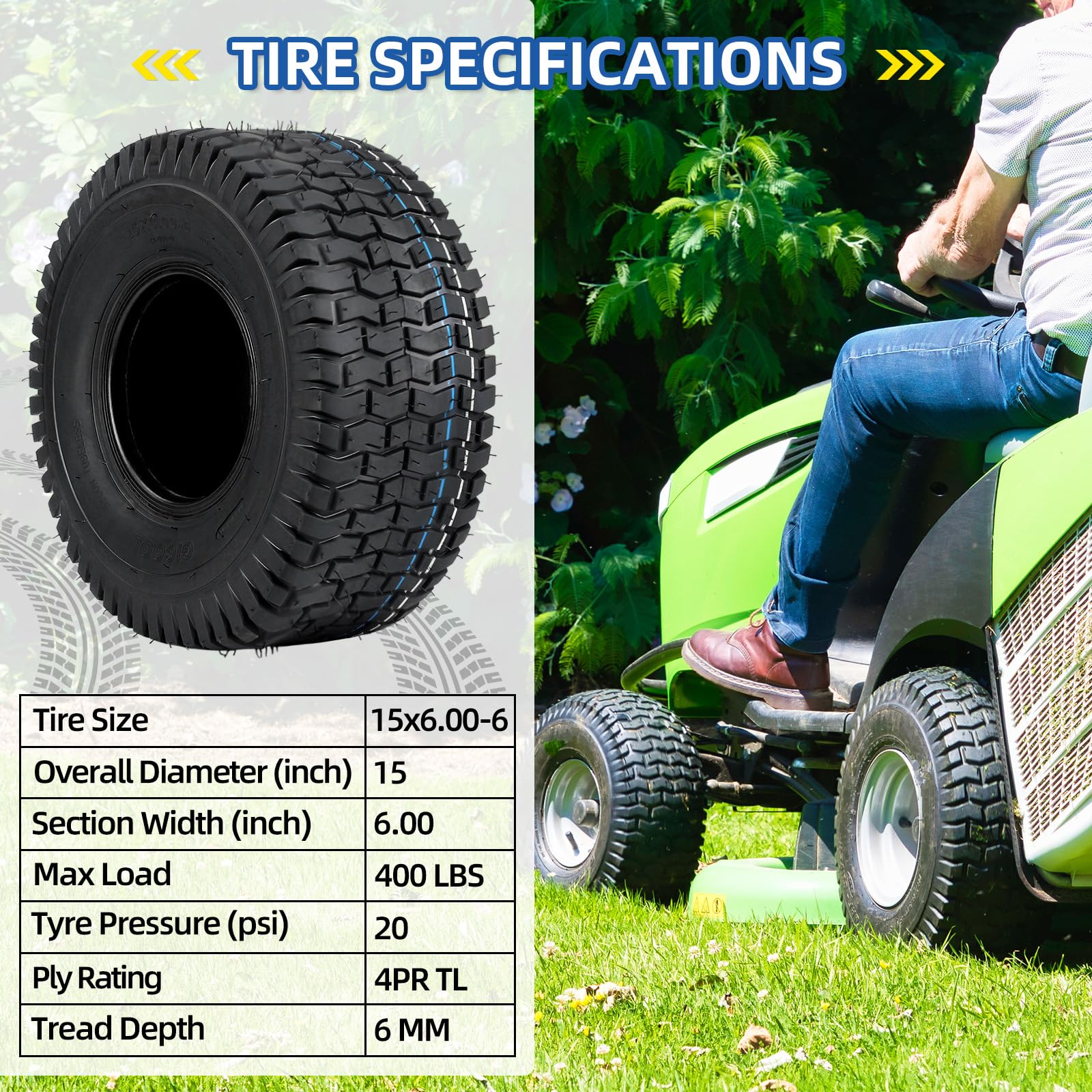 15x6.00-6 Tubeless Lawn Mower Tire - 4 Ply Turf-V Tread Pattern for Riding Tractors & Lawn Mowers - Perfect for Golf Courses, Parks & Residential Lawn Care