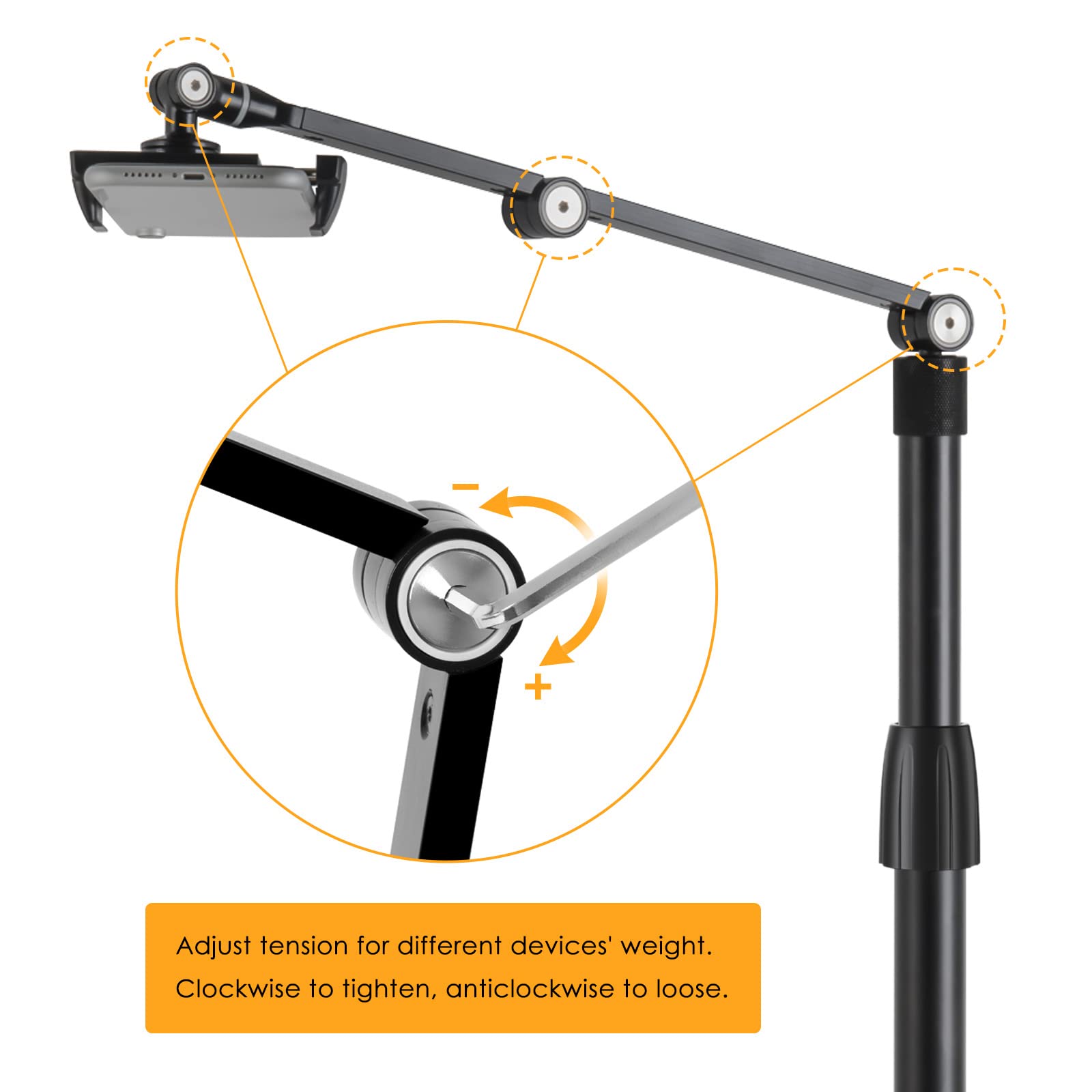 Adjustable Phone Stand Overhead Recording Stand - Multiangle 3-Part Adjustable Cell Phone Holder for 3.5-11