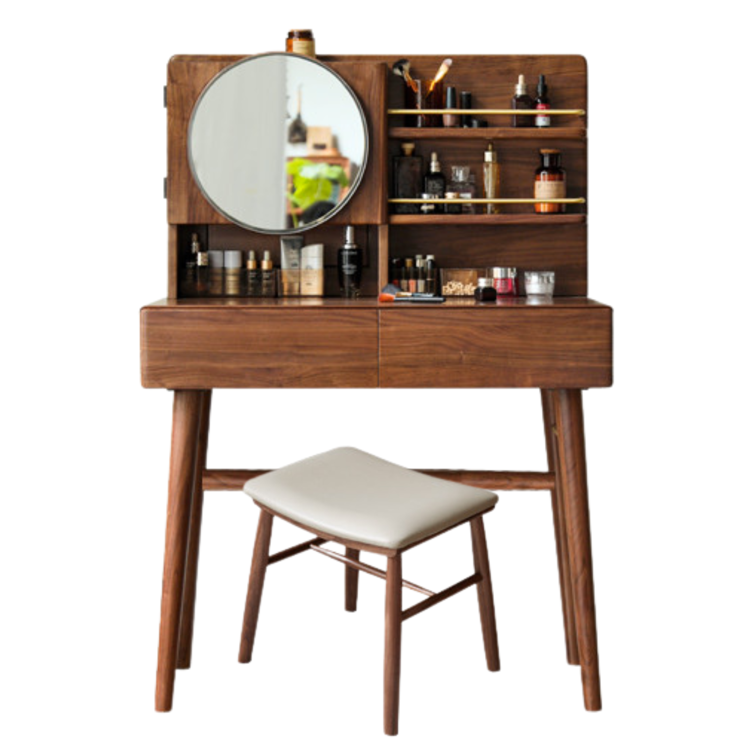 Black Walnut Solid Wood Moon Makeup Mirror Vanity Dressing Table - Elegant Bedroom & Bathroom Decor for Women