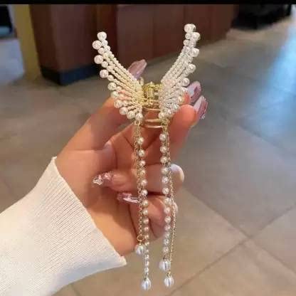 ALIBA COLLECTION Elegant Pearl Tassel Butterfly Hair Clip - Korean Style Metal Hair Claw for Women & Girls - Perfect for Weddings, Parties, and Everyday Fashion Accessories