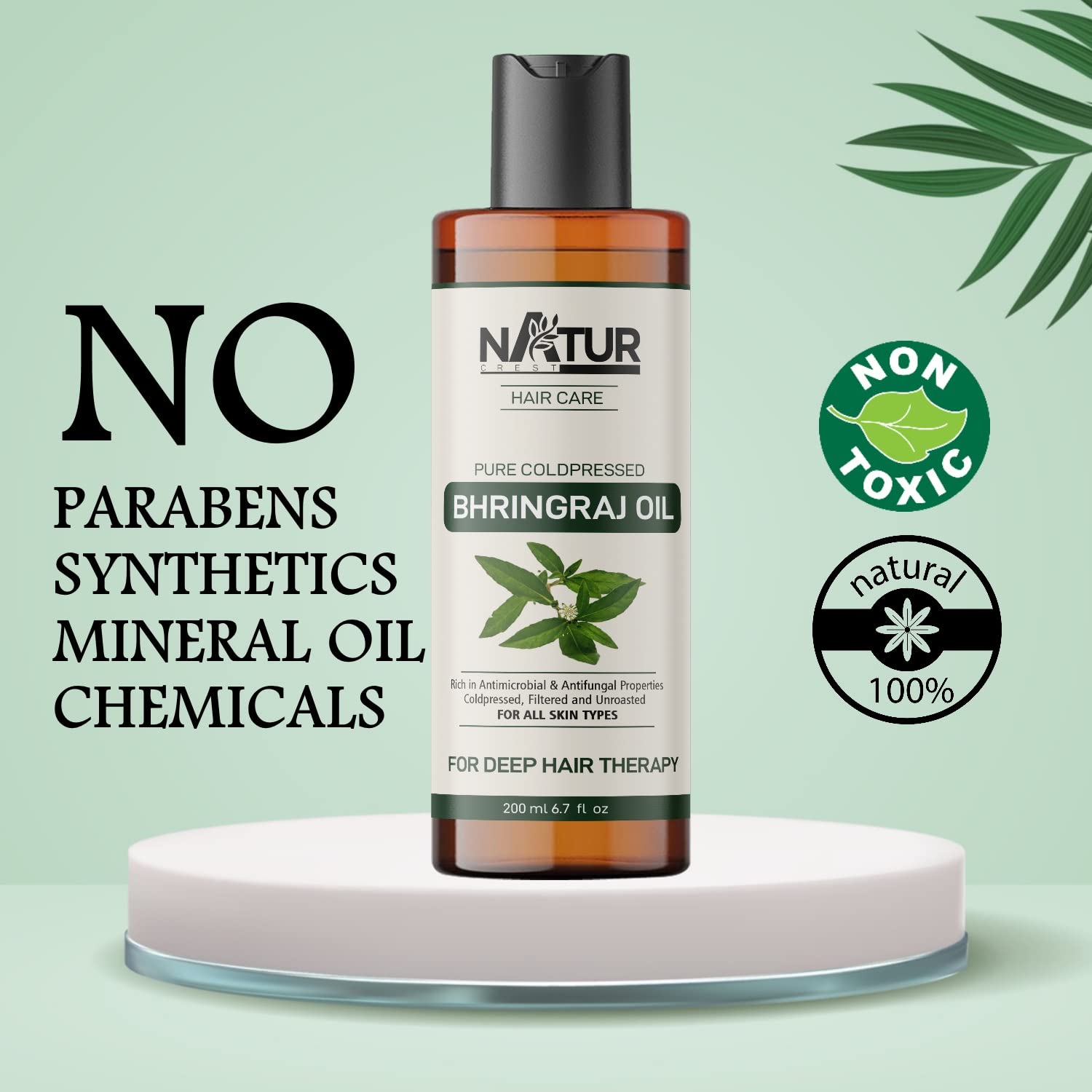 NaturCrest 100% Pure Cold-Pressed Bhringraj Oil for Hair Growth & Scalp Care - 200ml | Reduces Hair Fall, Split Ends & Promotes Thicker Hair | Therapeutic Grade for Skin & Hair | No Mineral Oil, Silicones or Synthetic Fragrances | Perfect for Daily Hair Care Routine & Ayurvedic Scalp Massage