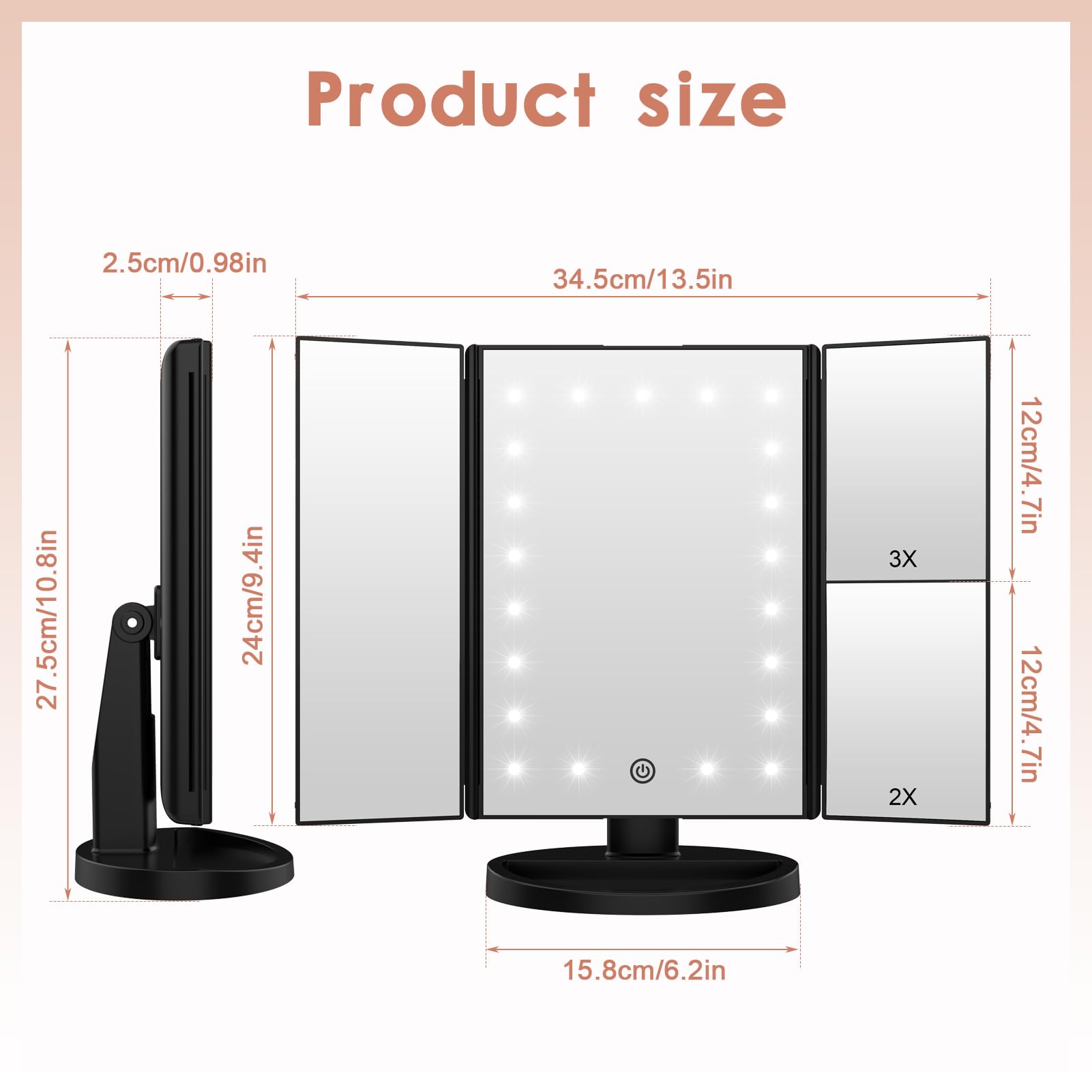 CZW 3x/2x Magnification Makeup Mirror with 36 LED Lights - Touch Screen, 180° Adjustable Trifold Vanity Mirror with Dual Power Supply for Perfect Makeup Application in Home & Salon