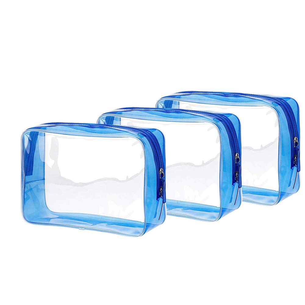 3-Piece Clear Blue Waterproof Travel Toiletry Bag Set - Plastic Shower Organizer Pouch for Women, Men & Kids (Small/Medium/Large) - Perfect for Airplane Carry-On, Camping & Gym Essentials